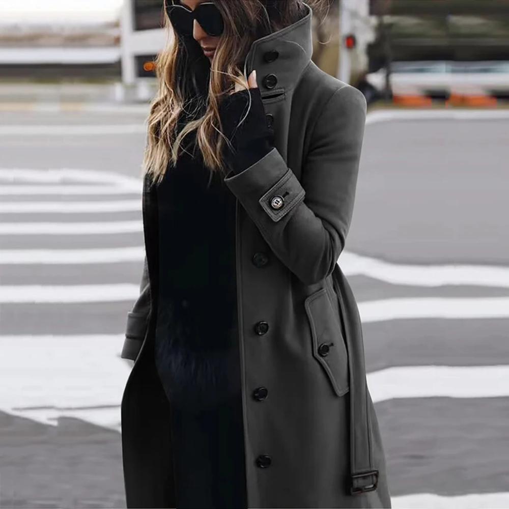 Icone™ StylishCoat: Veelzijdige Mid-Lengte Hoge Hals Gebuttonde Stijlvolle Jas