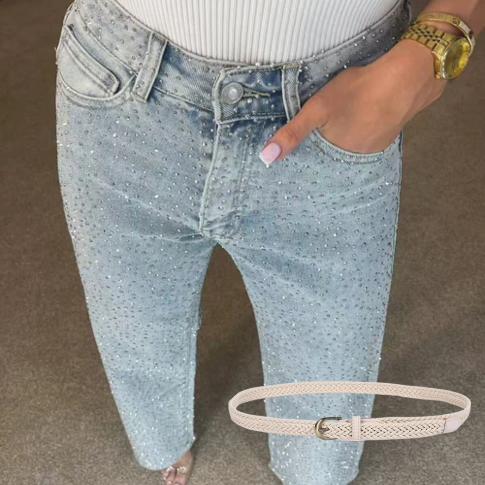 Icone™ SparklingJeans: Strass-Verfraaid Hoge-Taille Recht-Been Sprankelende Spijkerbroek Met Riem