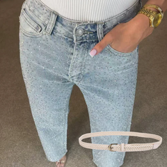 Icone™ SparklingJeans: Strass-Verfraaid Hoge-Taille Recht-Been Sprankelende Spijkerbroek Met Riem