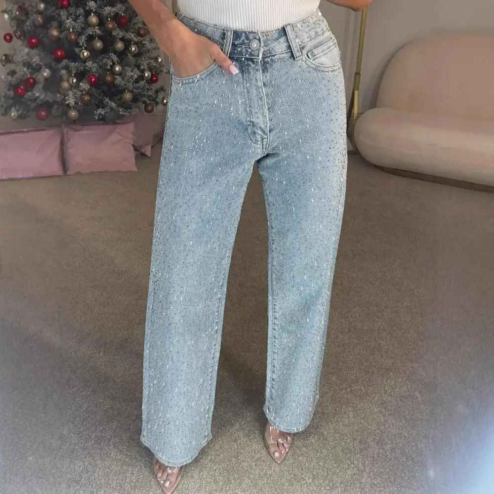 Icone™ SparklingJeans: Strass-Verfraaid Hoge-Taille Recht-Been Sprankelende Spijkerbroek Met Riem