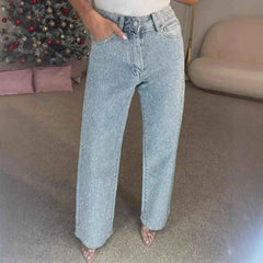 Icone™ SparklingJeans: Strass-Verfraaid Hoge-Taille Recht-Been Sprankelende Spijkerbroek Met Riem