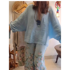 Icone™ LooseSet: Losse Lange Mouwen Blouse En Bloemenprint Broek Set Voor Dames