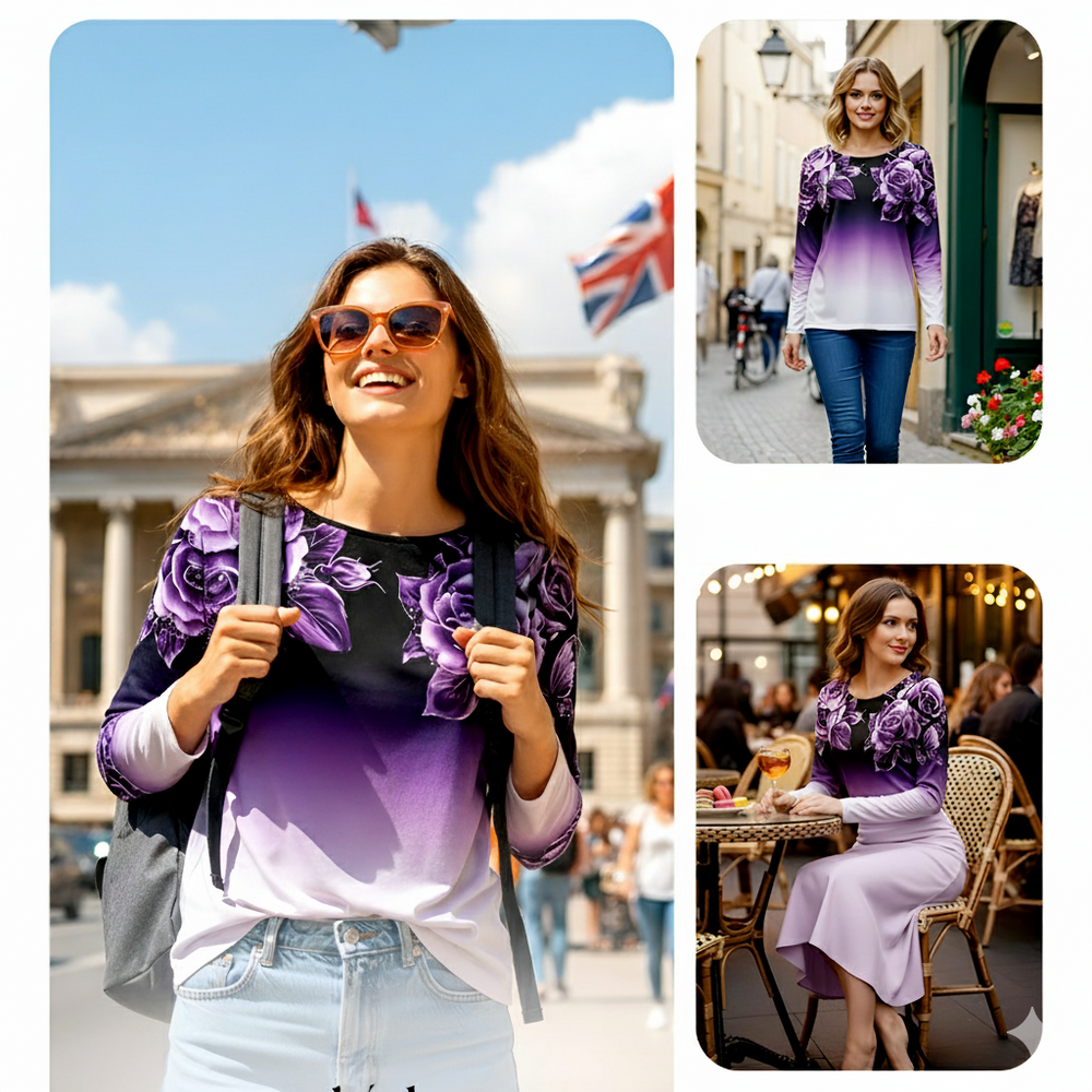 Icone™ FloralLongsleeves: Dames Casual Comfort Top Ronde Hals Bloemen Lange Mouwen