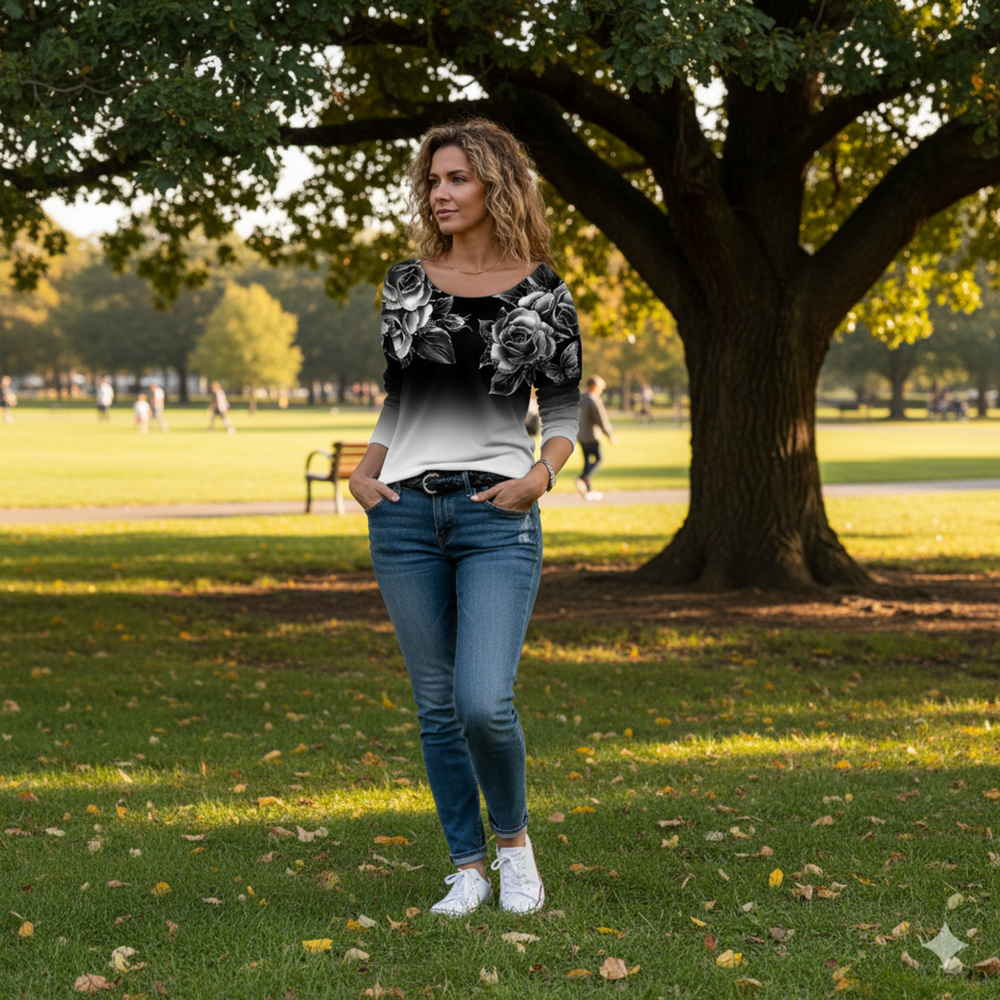 Icone™ FloralLongsleeves: Dames Casual Comfort Top Ronde Hals Bloemen Lange Mouwen