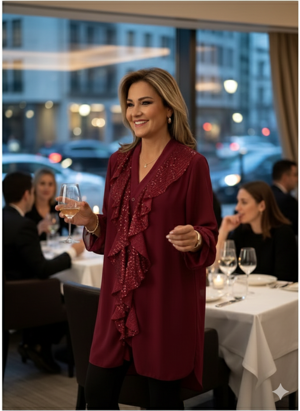 Icone™ SequinBlouse: Dames Gerimpeld V-hals Los Zittend Lang Pailletten Blouse