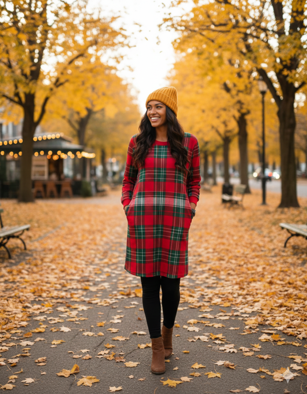 Icone™ CheckeredDress: Casual Ontspannen Pasvorm Lange Mouwen Geruit Jurk