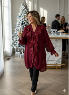 Icone™ SequinBlouse: Dames Gerimpeld V-hals Los Zittend Lang Pailletten Blouse