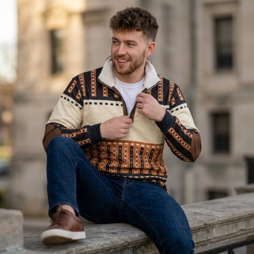 Icone™ RetroSweatshirt: Heren Stijlvolle Half-Rits Staande-Kraag Retro Sweatshirt