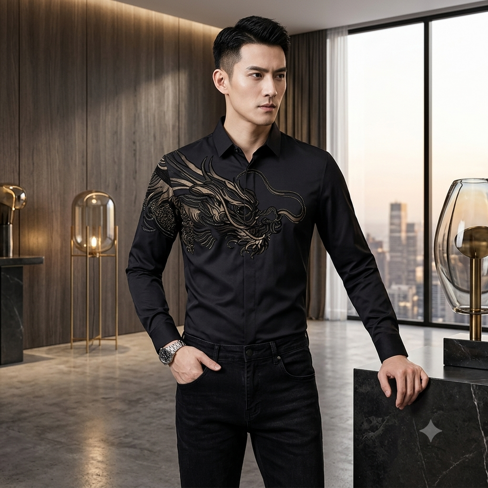 Icone™ SequinPolo - Elegante Draak Sequins Ontwerp Lange Mouwen Polo