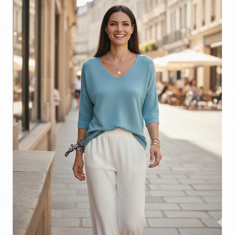 Icone™ KnittedTop: Dames V-Hals Halflange Mouwen Lichtgewicht Gebreid Top