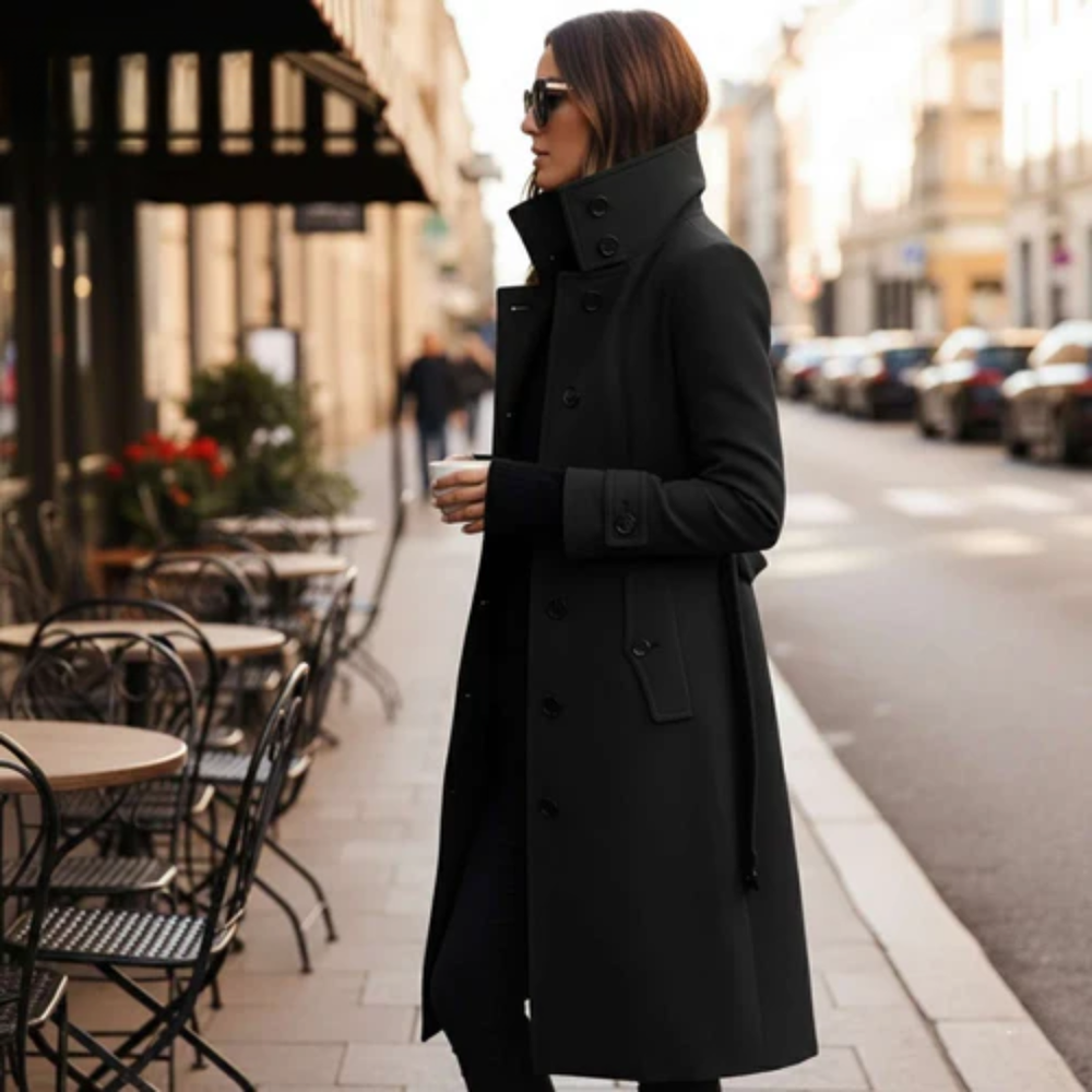 Icone™ StylishCoat: Veelzijdige Mid-Lengte Hoge Hals Gebuttonde Stijlvolle Jas