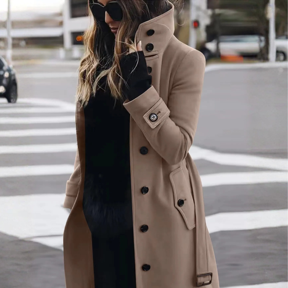 Icone™ StylishCoat: Veelzijdige Mid-Lengte Hoge Hals Gebuttonde Stijlvolle Jas
