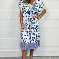 Icone™PrintedDress: Bedrukte V-Hals Jurk Franjes Mouwen, Casual Jurk