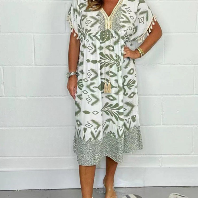 Icone™PrintedDress: Bedrukte V-Hals Jurk Franjes Mouwen, Casual Jurk