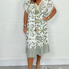 Icone™PrintedDress: Bedrukte V-Hals Jurk Franjes Mouwen, Casual Jurk