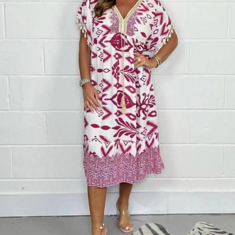 Icone™PrintedDress: Bedrukte V-Hals Jurk Franjes Mouwen, Casual Jurk