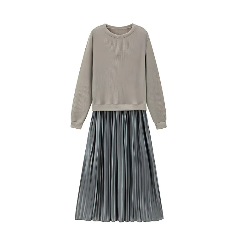 Icone™ PleatedDress: Lange Mouwen Top Met Elegante Geplooide Onderkant Jurk
