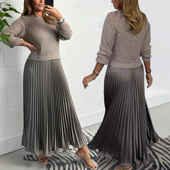Icone™ PleatedDress: Lange Mouwen Top Met Elegante Geplooide Onderkant Jurk