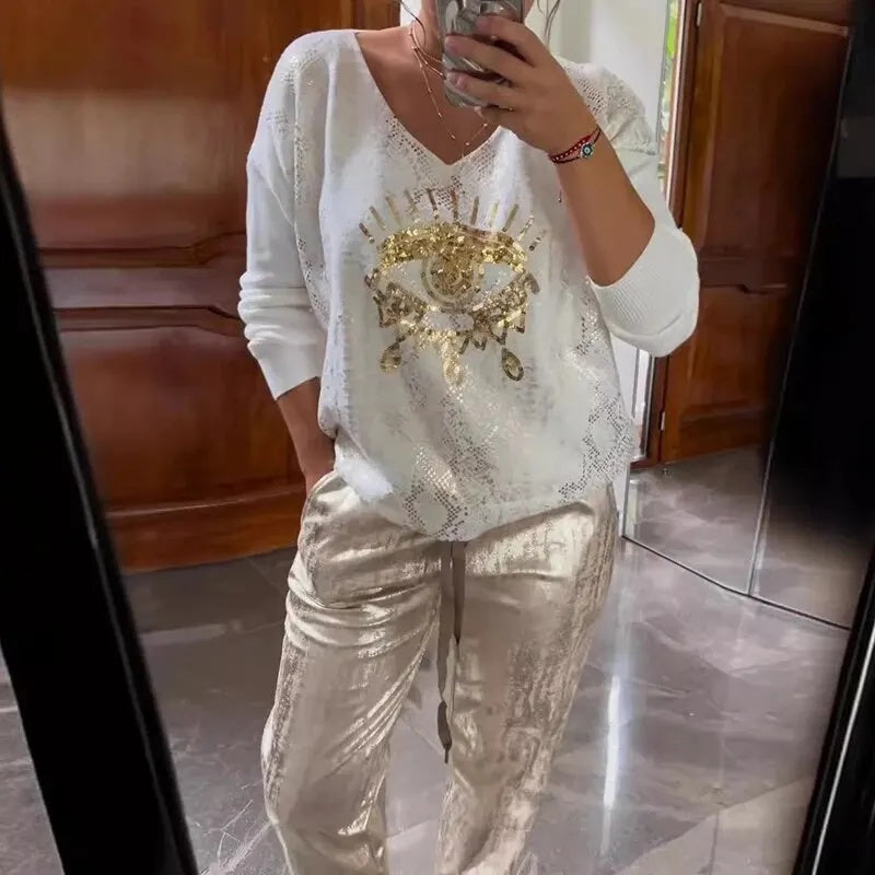 Icone™ SequinSet: Casual Shiny Evil Eye Top En Broek Sequin Set