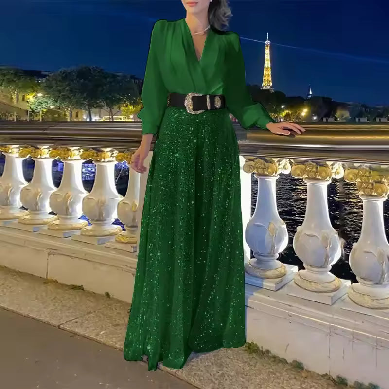 Icone™ ClassicJumpsuit - Elegante V-Hals Lange Mouwen Pailletten Klassieke Jumpsuit