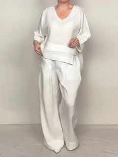 Icone™ ComfyWear: Stijlvolle V-Hals Wijde-Pijpen Broek Twee-Delig Comfortabel Draag Set