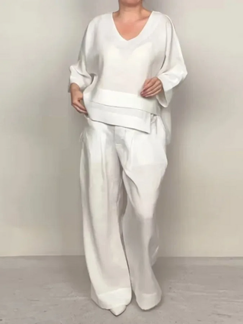 Icone™ ComfyWear: Stijlvolle V-Hals Wijde-Pijpen Broek Twee-Delig Comfortabel Draag Set