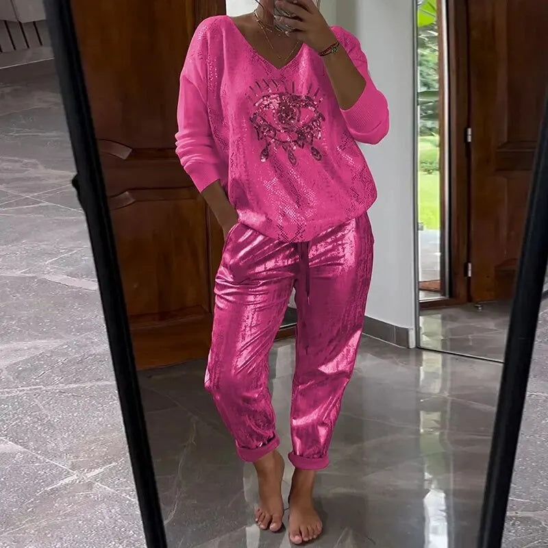 Icone™ SequinSet: Casual Shiny Evil Eye Top En Broek Sequin Set
