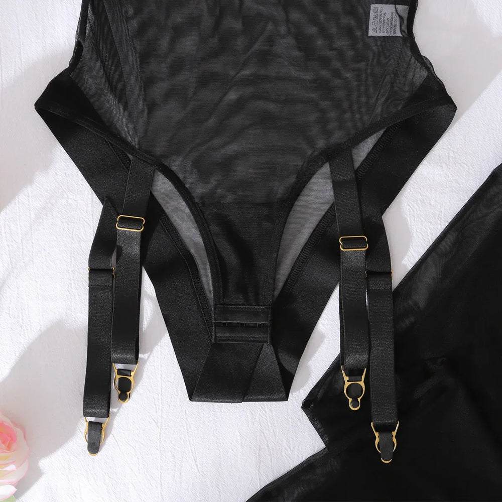 Icone™ SheerBodysuit: Verleidelijke Zwarte Transparante Garter Bodysuit