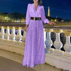 Icone™ ClassicJumpsuit - Elegante V-Hals Lange Mouwen Pailletten Klassieke Jumpsuit