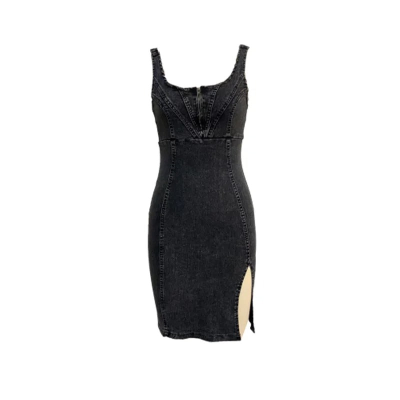 Icone™ DenimDress: Denim Jurk Met Split En Verstelbare Bandjes
