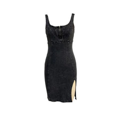 Icone™ DenimDress: Denim Jurk Met Split En Verstelbare Bandjes