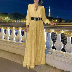 Icone™ ClassicJumpsuit - Elegante V-Hals Lange Mouwen Pailletten Klassieke Jumpsuit