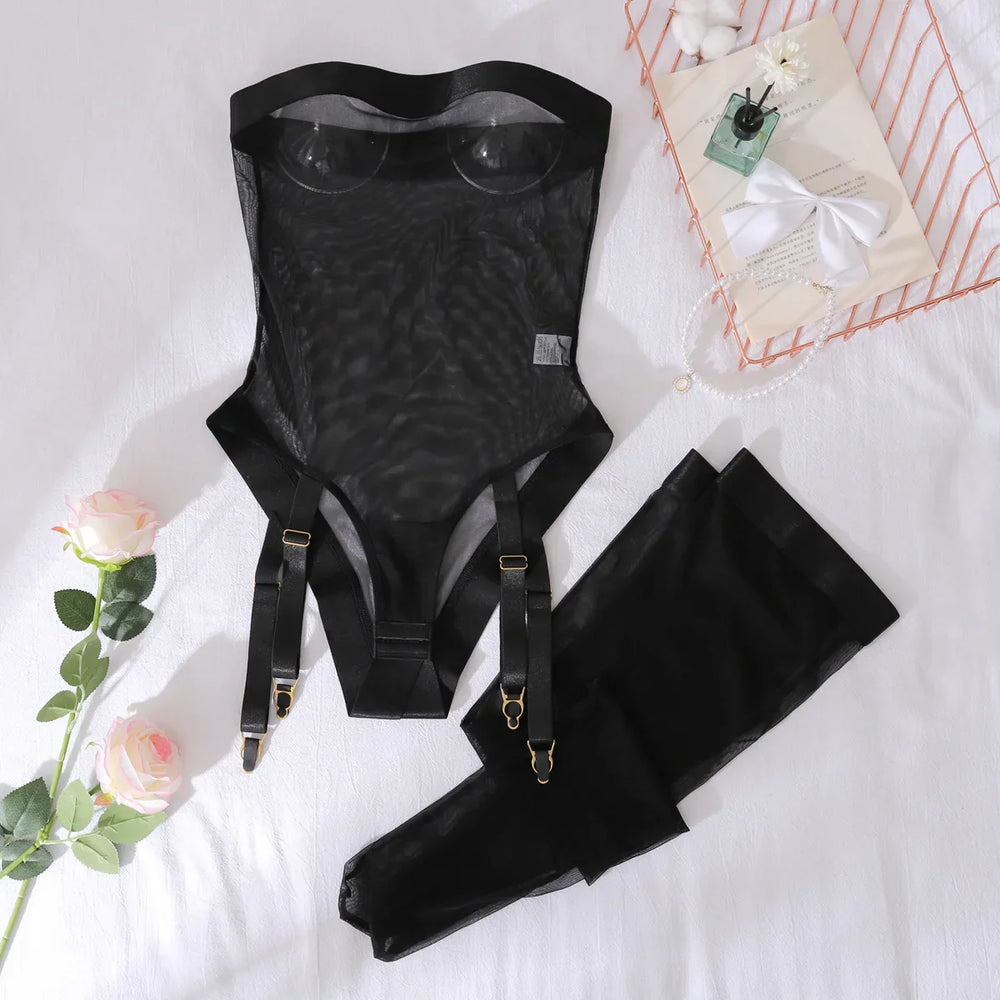 Icone™ SheerBodysuit: Verleidelijke Zwarte Transparante Garter Bodysuit