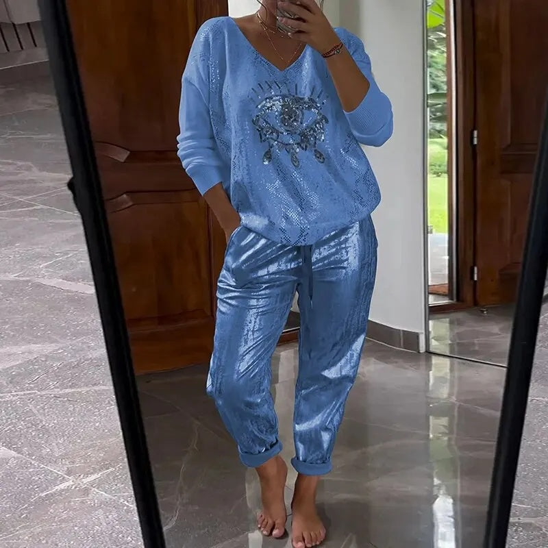 Icone™ SequinSet: Casual Shiny Evil Eye Top En Broek Sequin Set