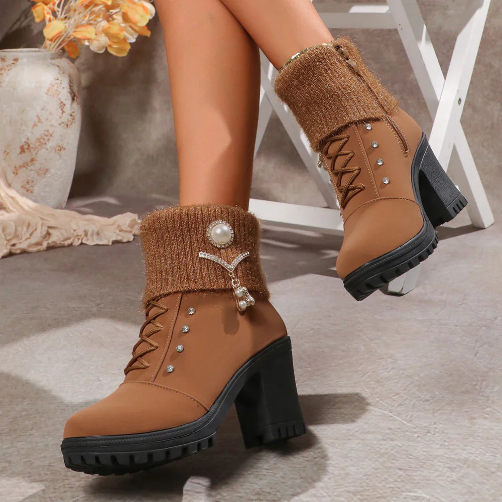 Happy™ CozyBoots: Dames Stijlvol Blok Hakken Gezellig Laarzen