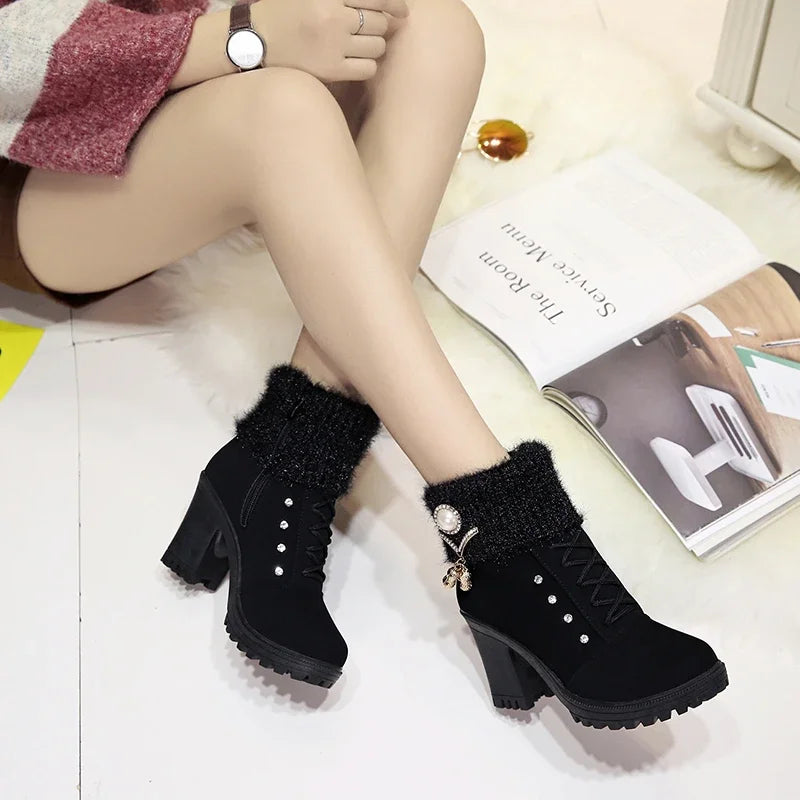 Happy™ CozyBoots: Dames Stijlvol Blok Hakken Gezellig Laarzen
