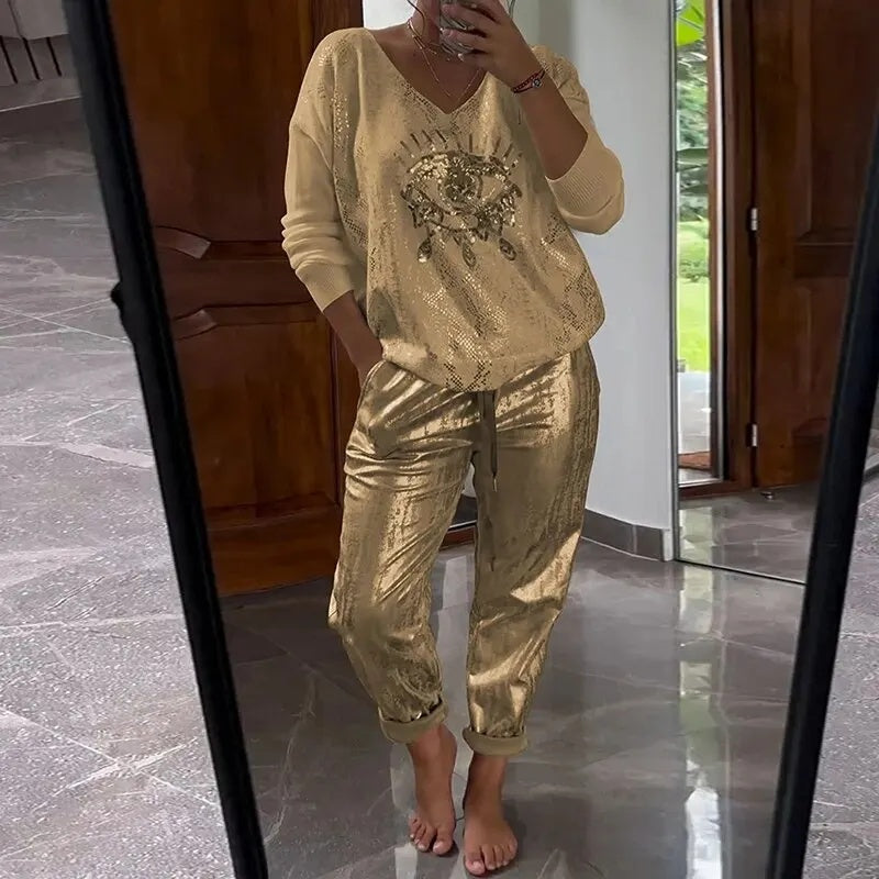 Icone™ SequinSet: Casual Shiny Evil Eye Top En Broek Sequin Set