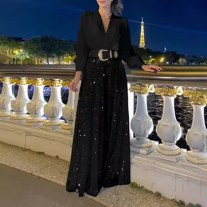 Icone™ ClassicJumpsuit - Elegante V-Hals Lange Mouwen Pailletten Klassieke Jumpsuit