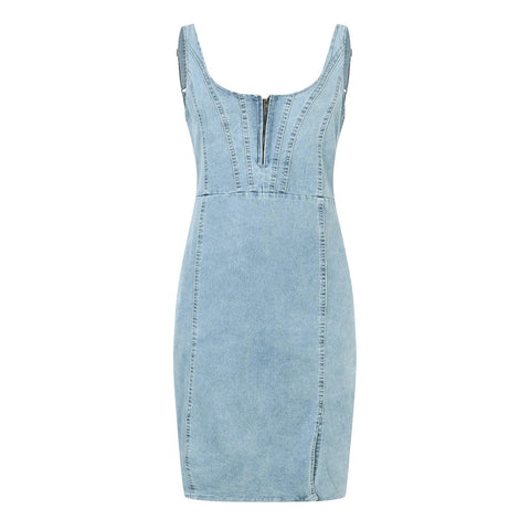 Icone™ DenimDress: Denim Jurk Met Split En Verstelbare Bandjes