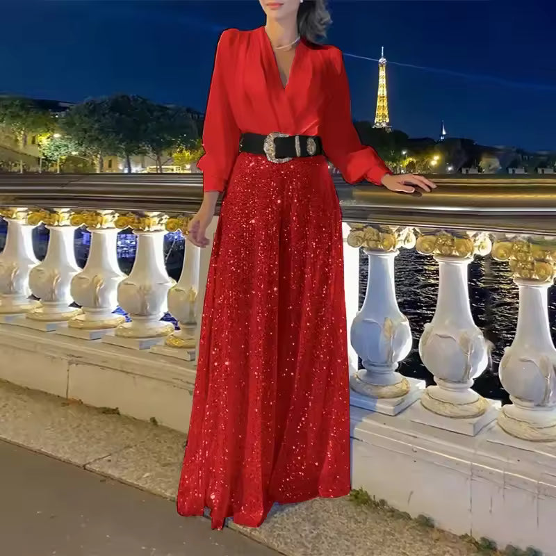 Icone™ ClassicJumpsuit - Elegante V-Hals Lange Mouwen Pailletten Klassieke Jumpsuit