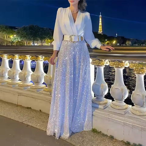 Icone™ ClassicJumpsuit - Elegante V-Hals Lange Mouwen Pailletten Klassieke Jumpsuit