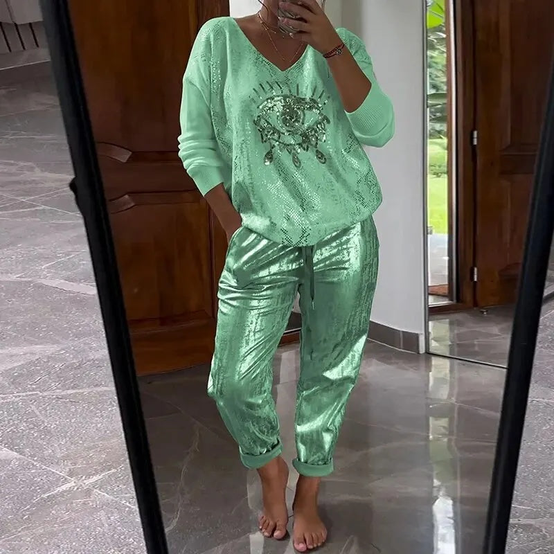 Icone™ SequinSet: Casual Shiny Evil Eye Top En Broek Sequin Set