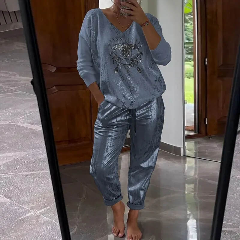 Icone™ SequinSet: Casual Shiny Evil Eye Top En Broek Sequin Set