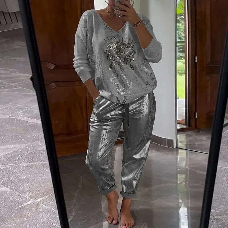 Icone™ SequinSet: Casual Shiny Evil Eye Top En Broek Sequin Set