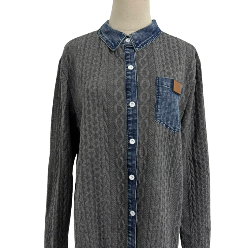 Icone™ DenimKnitwear: Dames Met Gekraagd Patchwork Knoop-Omlaag Denim Gebreide Kleding