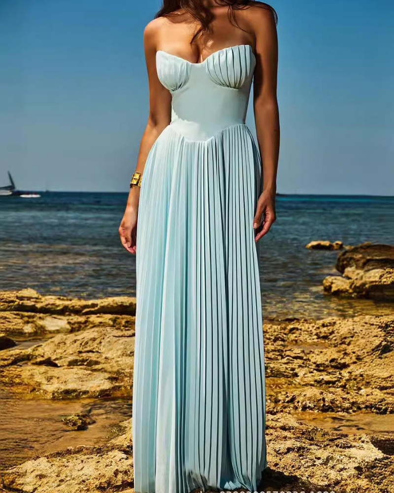 Icone™ FlexDress: Strapless Flexibele Feeststijl Plissé Maxi Jurk