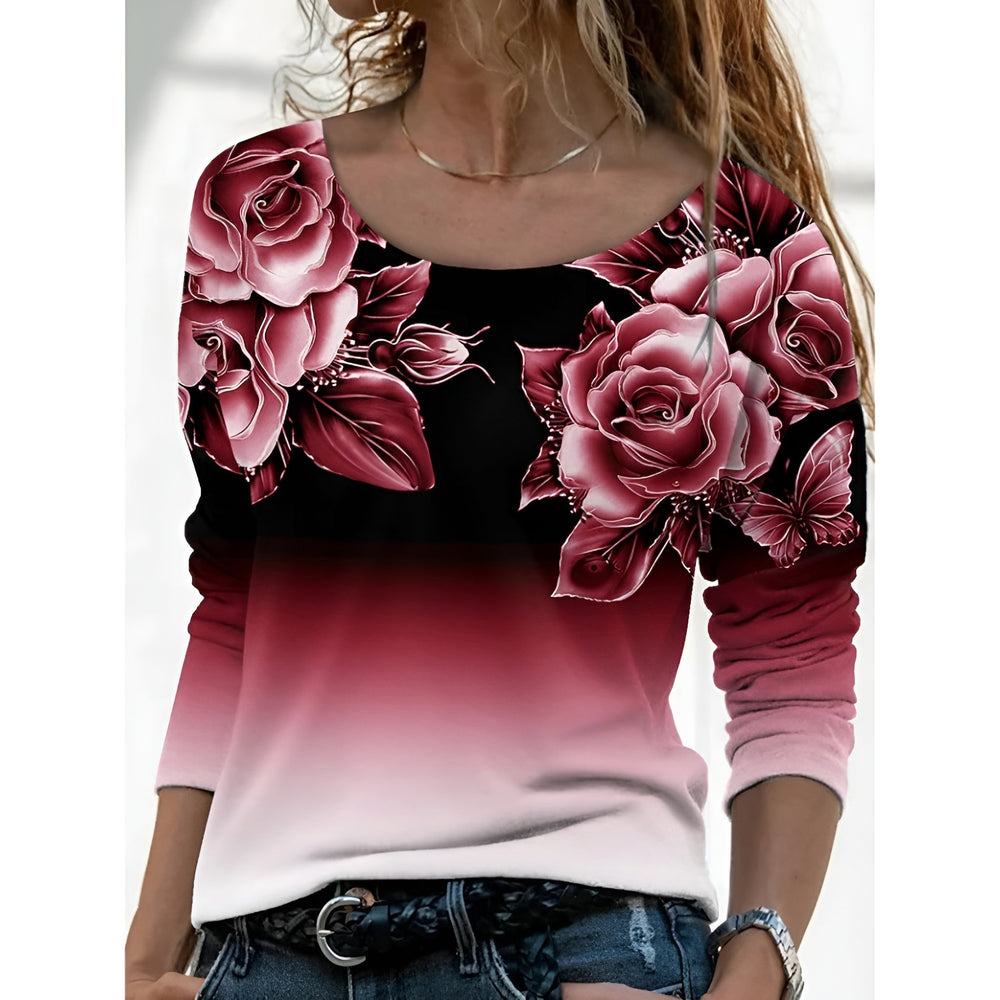 Icone™ FloralLongsleeves: Dames Casual Comfort Top Ronde Hals Bloemen Lange Mouwen