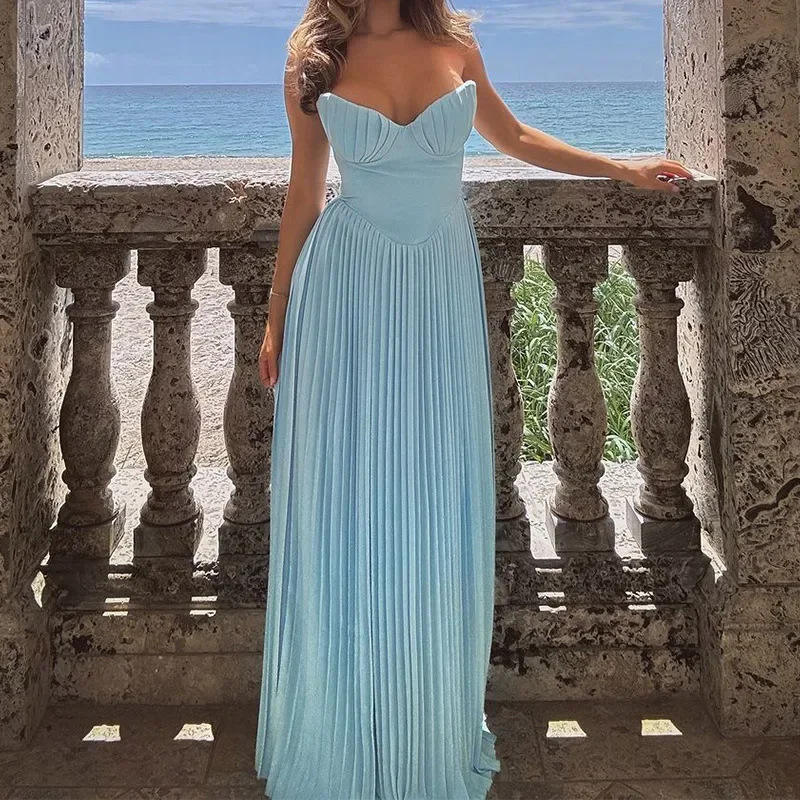 Icone™ FlexDress: Strapless Flexibele Feeststijl Plissé Maxi Jurk
