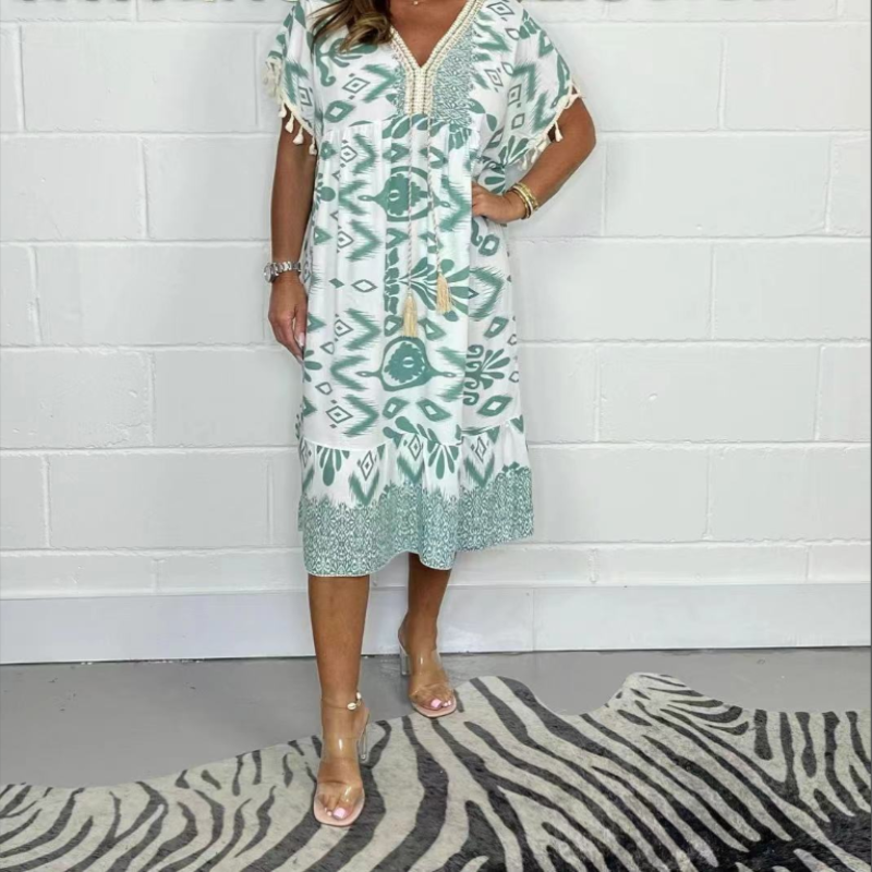 Icone™PrintedDress: Bedrukte V-Hals Jurk Franjes Mouwen, Casual Jurk