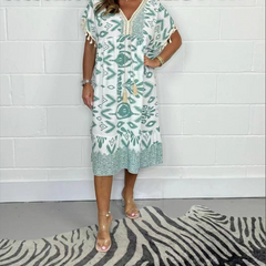 Icone™PrintedDress: Bedrukte V-Hals Jurk Franjes Mouwen, Casual Jurk